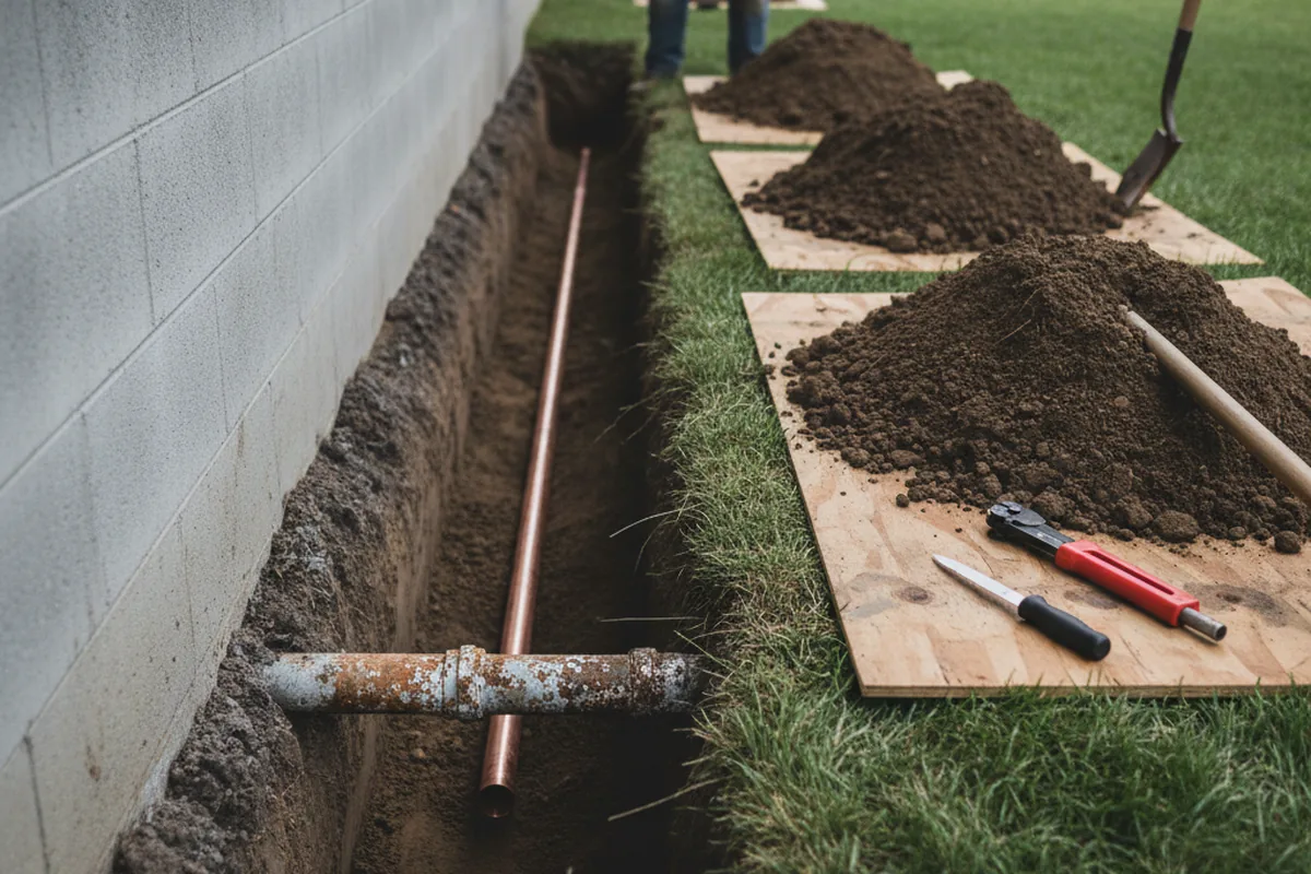 Excavated water line trench during Water Softener Installation in Shawsville